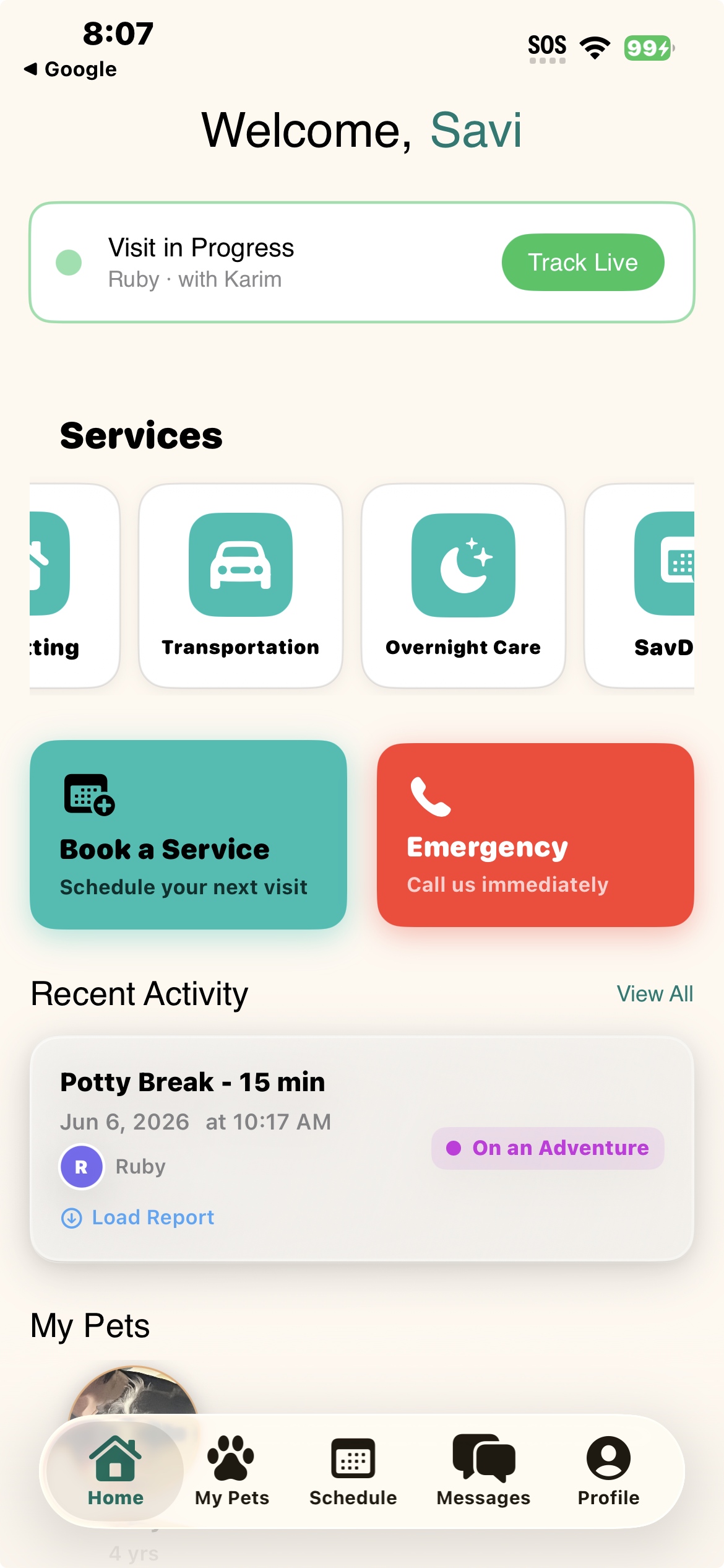 SaviPets home screen